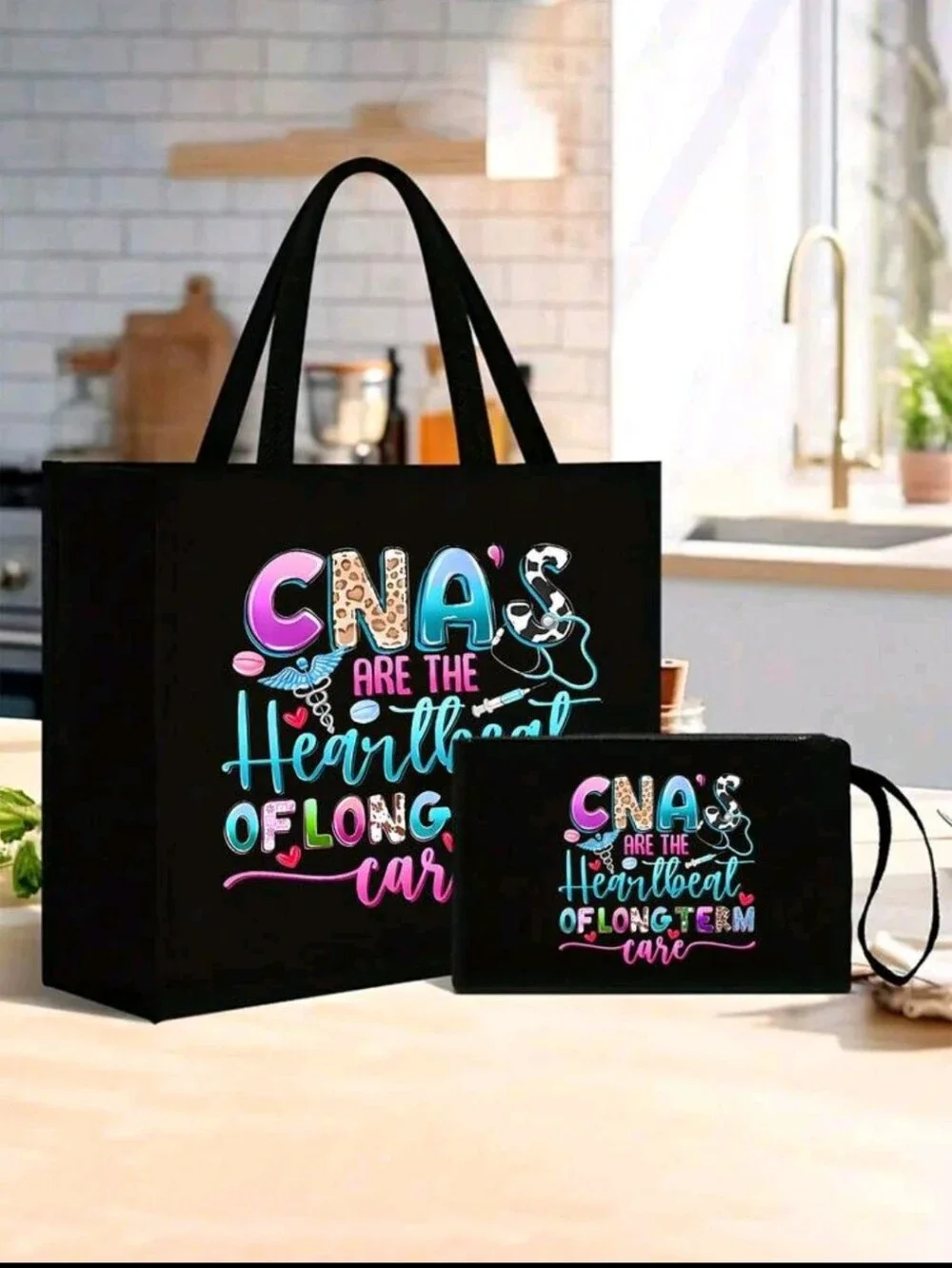Black Fashion CNA's Print Handbag Set, Including CosmeticBag, Suitable For women